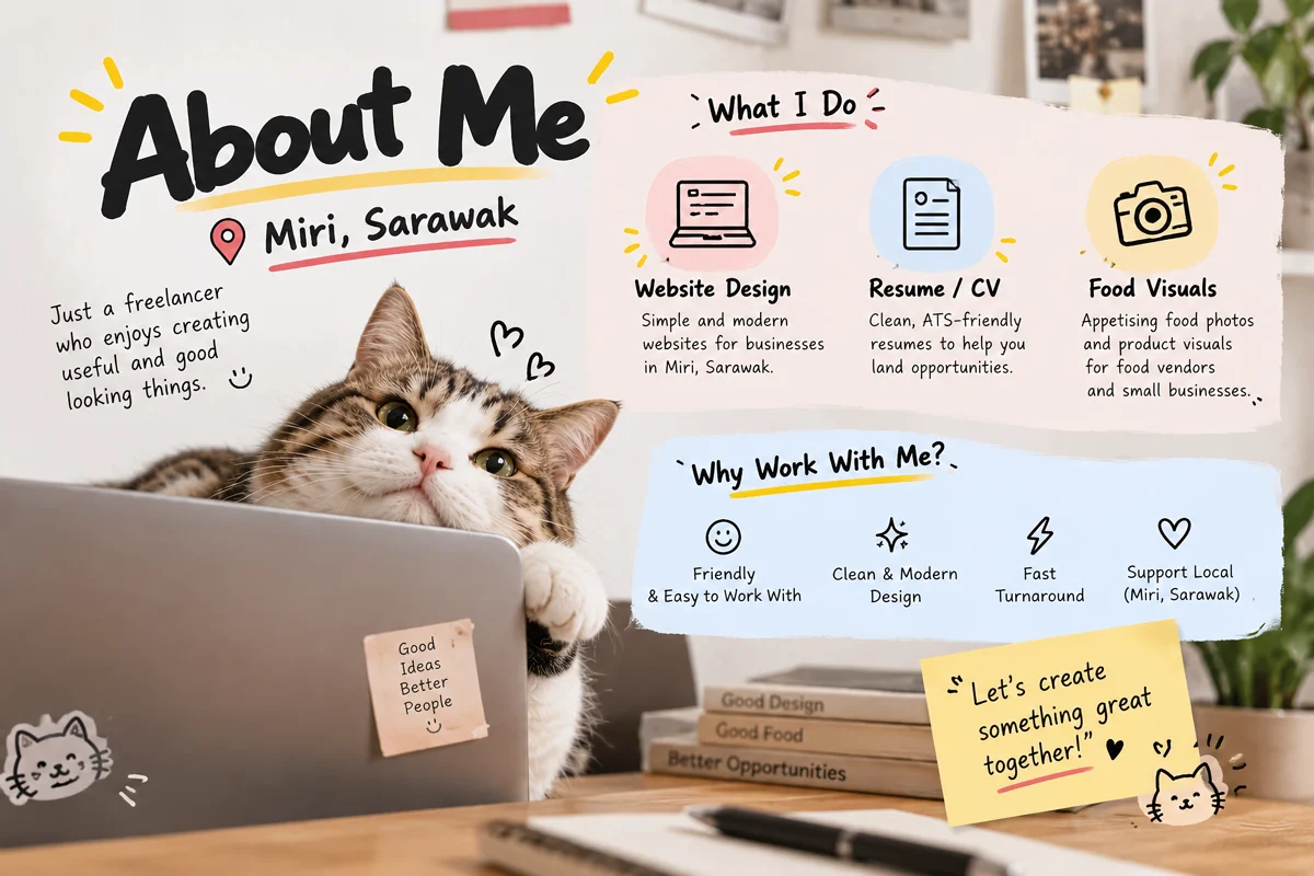 CappyTheDev about-me artwork: a friendly cat at a laptop with notes about website design, resumes and food visuals in Miri